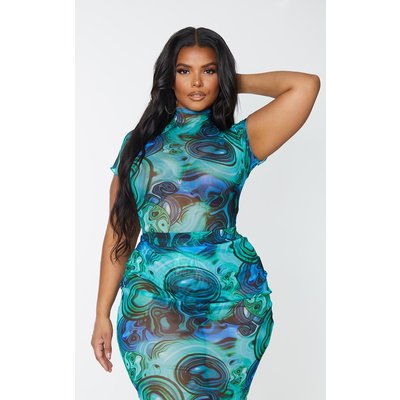 Plus Blue Marble Print Mesh Short Sleeve Bodysuit