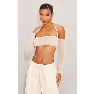 Nude Mesh Cold Shoulder Halter Crop Top