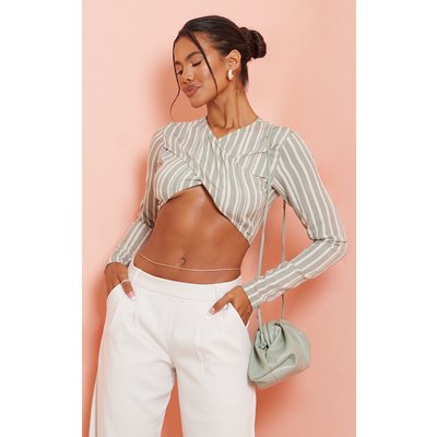 Sage Green Woven Stripe Cross Over Crop Top