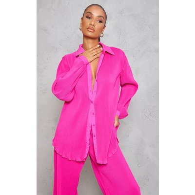 Hot Pink Plisse Button Front Oversized Shirt