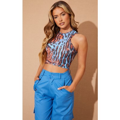 Blue Printed Slinky Racer Crop Top