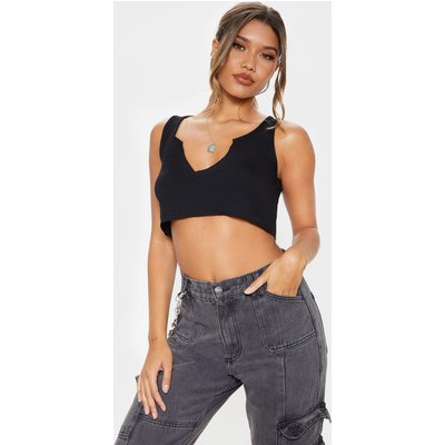 Black Jersey Deep V Raw Edge Crop Top