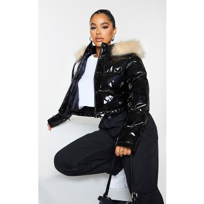 Petite Black Vinyl Faux Fur Hood Puffer Jacket