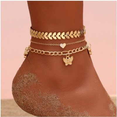 Gold Butterfly Pendant Metal Detail Anklet Set