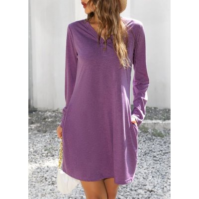 Double Pocket V Neck Purple Dress