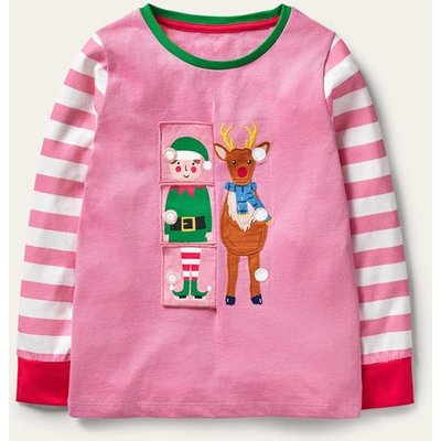 Festive Flipbook T-shirt Pink Girls Boden, Bright Petal Pink Festive