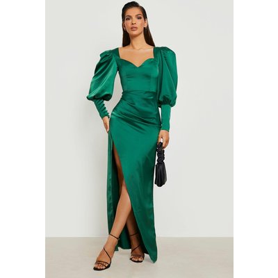 Womens Satin Puff Sleeve Wrap Maxi Dress - Green - 18, Green