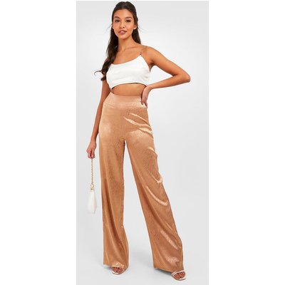 Womens Jacquard Satin High Waisted Wide Leg Trousers - Brown - 12, Brown