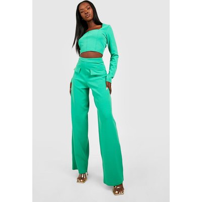 Womens Corset Detail Top & Wide Leg Trouser - Green - 8, Green