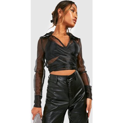 Womens Organza Crop Wrap Shirt - Black - 6, Black