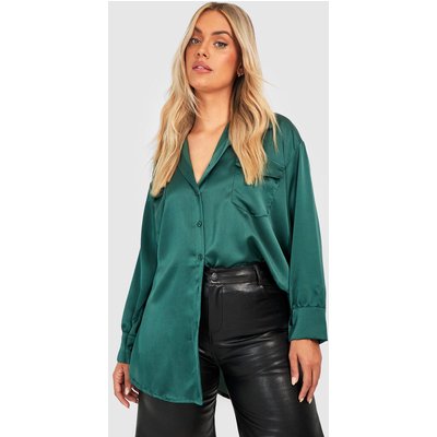 Womens Plus Satin Oversized Utility Shirt - Green - 28, Green