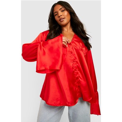 Womens Plus Satin Button Through Flare Sleeve Blouse - Red - 18, Red