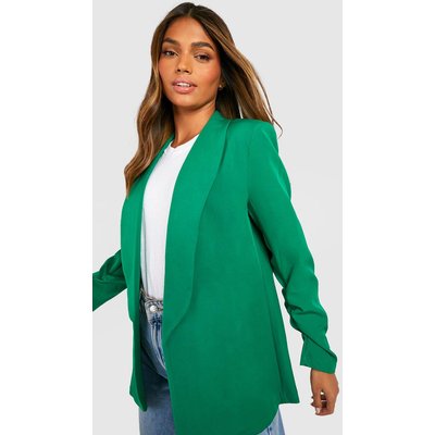 Womens Basic Woven Ruched Sleeve Curve Lapel Blazer - Green - 16, Green