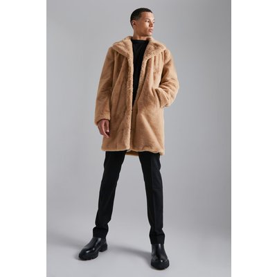 Mens Brown Tall Faux Fur Overcoat, Brown