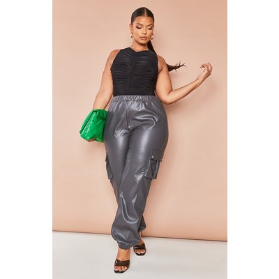 Plus Charcoal Faux Leather Cargo Pants