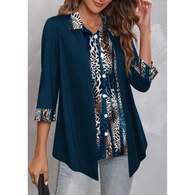 Asymmetric Hem Dark Blue Shirt Collar Blouse