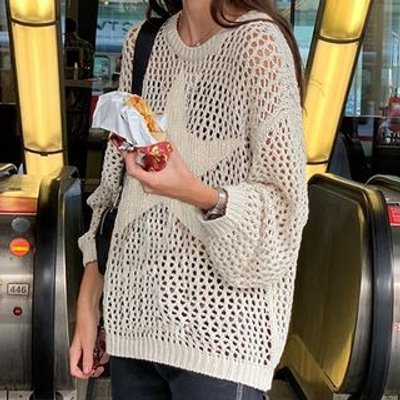 Long Sleeve Star Crochet Open-Knit Loose-Fit Sweater