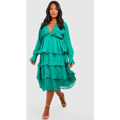 Womens Plus Ruffle Plunge Tiered Midi Dress - Green - 20, Green