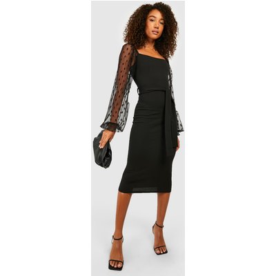 Womens Tall Dobby Mesh Belted Midi Dress - Black - 12, Black