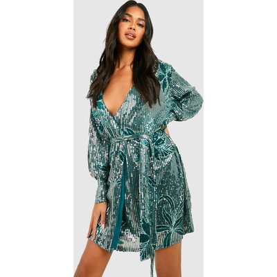 Womens Floral Sequin Tie Wrap Mini Party Dress - Green - 16, Green