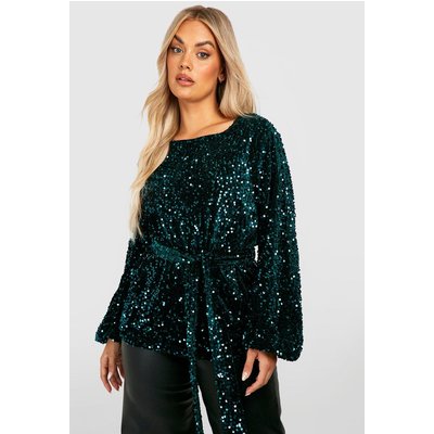 Womens Plus Velvet Sequin Blouson Sleeve Smock - Green - 16, Green