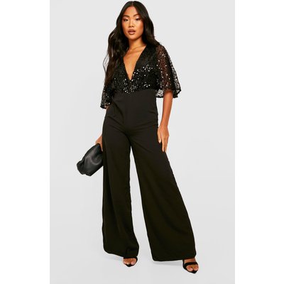 Womens Petite Sequin Flared Sleeve Wide Leg Jumpsuit - Black - 6, Black