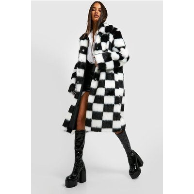 Womens Checkerboard Faux Fur Coat - Black - 8, Black