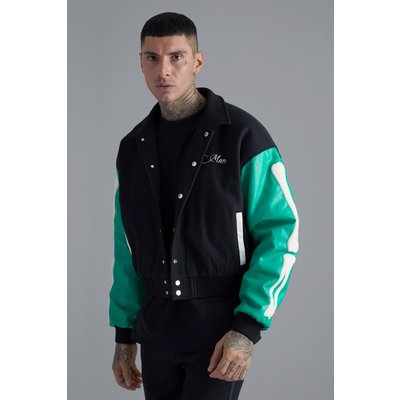 Mens Green Boxy Fit Skeleton Applique Varsity Jacket, Green