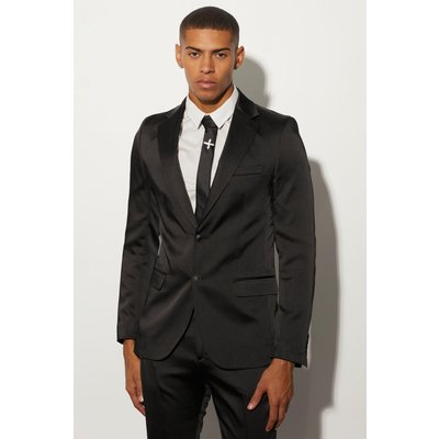 Mens Black Skinny Fit Satin Suit Jacket, Black