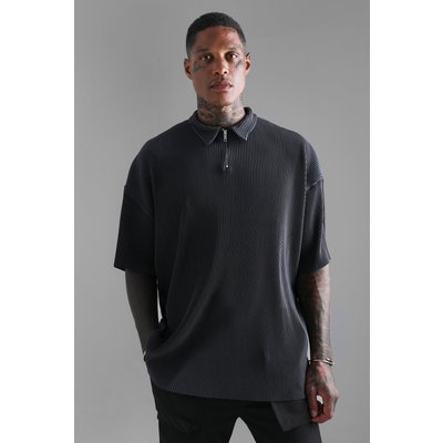 Mens Grey Oversized Zip Pleated Polo, Grey