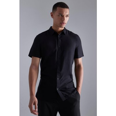 Mens Black Tall Short Sleeve Slim Viscose Shirt, Black