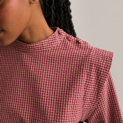 Checked Cotton Blouse with High Neck