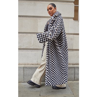 Plus Cream Checked Faux Fur Midi Coat