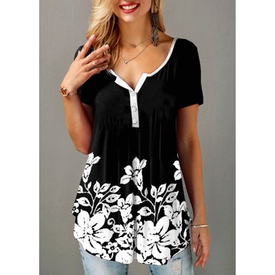 Short Sleeve Floral Print Split Neck T Shirt