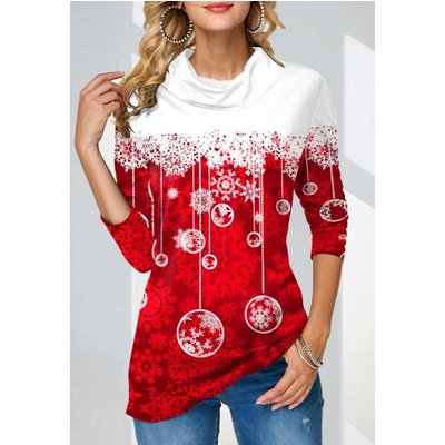 Red Christmas Snowflake Print Long Sleeve Sweatshirt