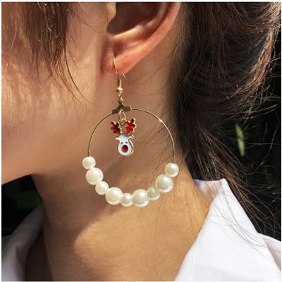 Pearl Christmas Elk Gold Round Earrings