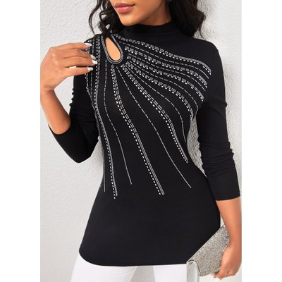 ROTITA Hot Drilling Black High Neck Long Sleeve Sweatshirt