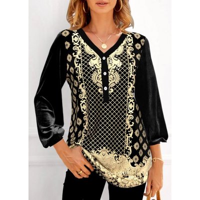 ROTITA Velvet Tribal Print Black V Neck Blouse