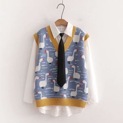 Plain Shirt / Duck Print Sweater Vest