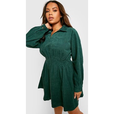 Womens Plus Cord Elasticated Waist Skater Dress - Green - 28, Green