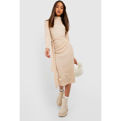 Womens Roll Neck Belted Rib Midi Dress - Beige - 8, Beige