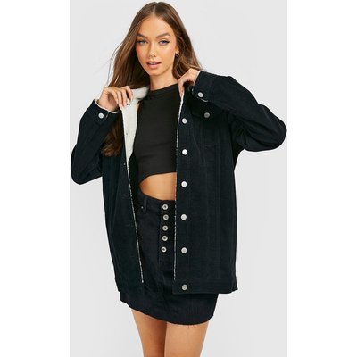 Womens Teddy Detail Longline Cord Jacket - Black - 8, Black