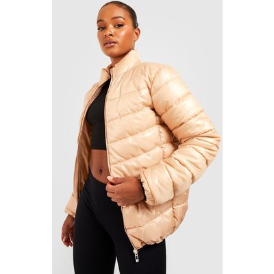 Womens Tall Crop Funnel Neck Puffer Jacket - Beige - 6, Beige