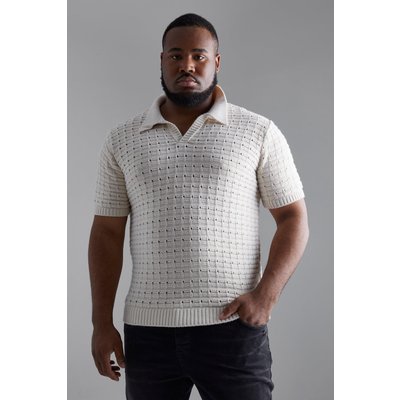 Mens White Plus Chunky Knitted Open Stitch Polo, White