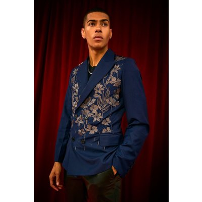 Mens Navy Slim Double Breasted Embroidered Blazer, Navy