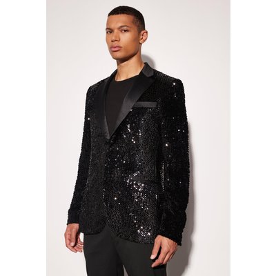 Mens Black Tall Skinny Sequin Blazer With Contrast Lapel, Black