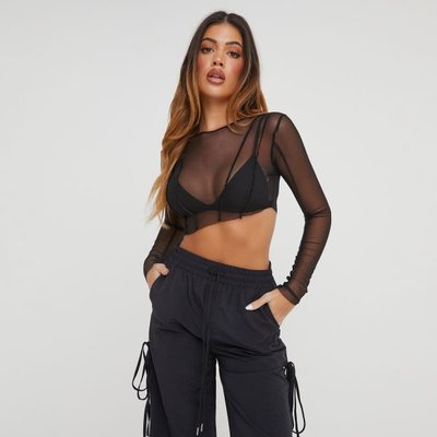 Long Sleeve Seam Detail Crop Top In Black Mesh, Women's Size UK 6