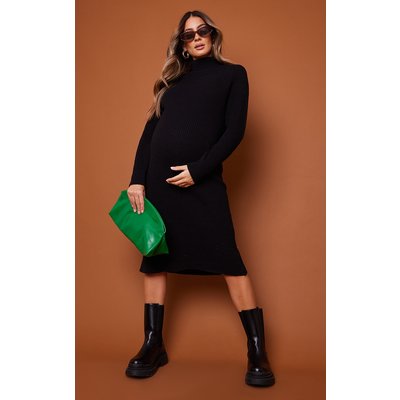 Maternity Black Roll Neck Oversized Midi Sweater Dress