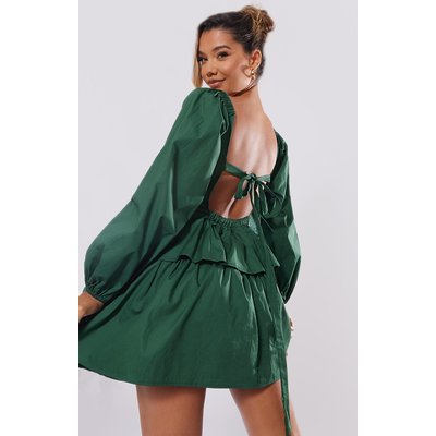 Forest Green Cotton Tie Back Tiered Long Sleeve Shift Dress