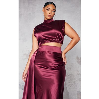 Plus Burgundy Satin High Neck Crop Top